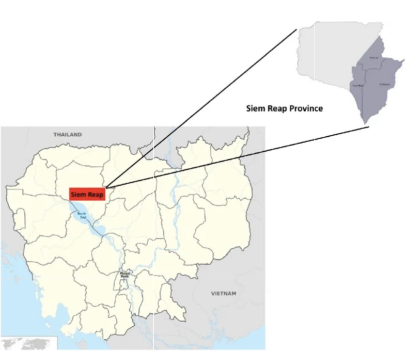 Map of Cambodia showing the location of Siem Reap province and city